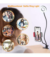 Selfie LED Ring Light with Mobile Phone Holder Live Stream Makeup Camera Lamp - Black