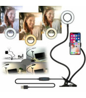 Selfie LED Ring Light with Mobile Phone Holder Live Stream Makeup Camera Lamp - Black