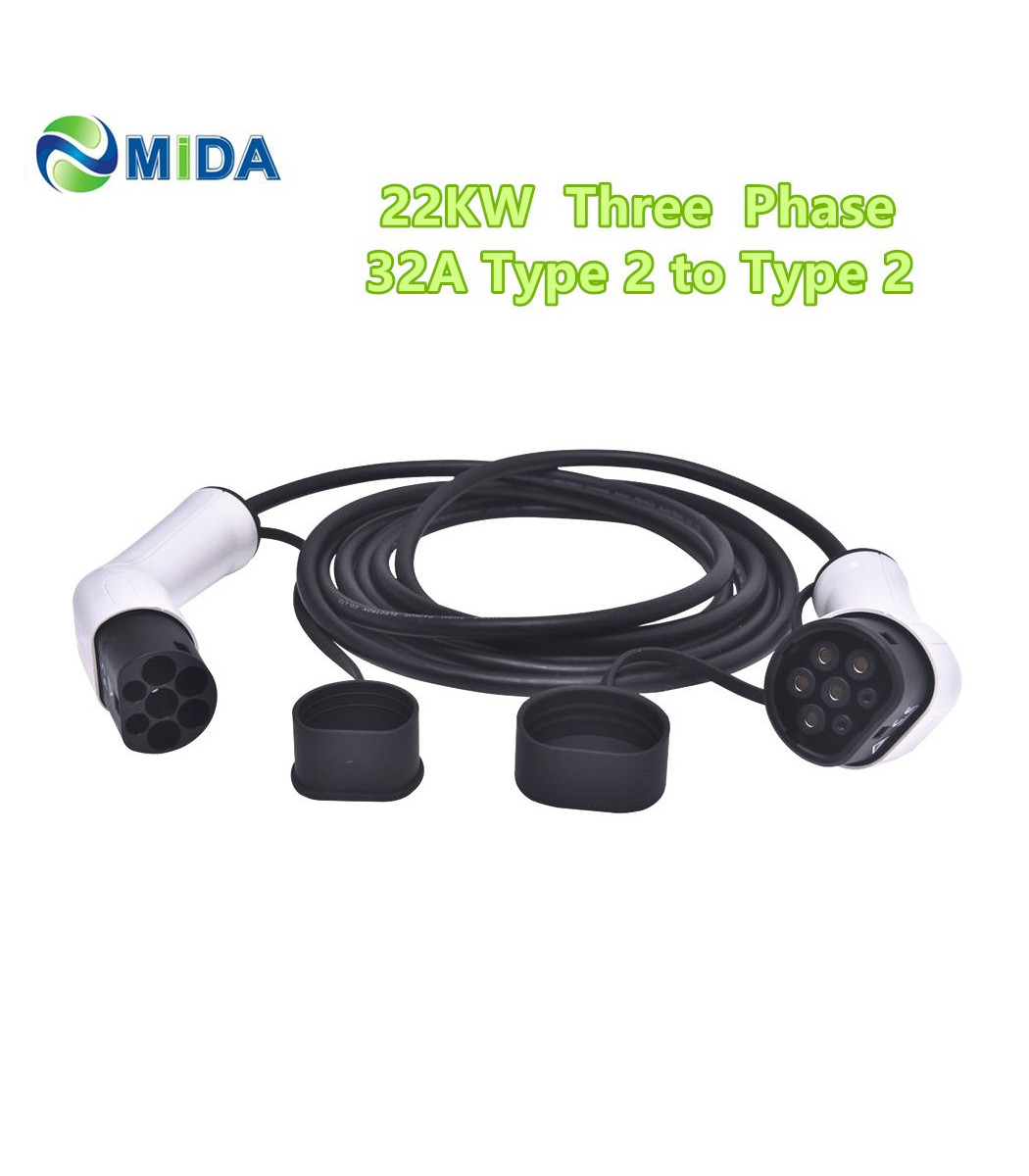 Câble De Recharge Pour Voiture Électrique Type 2 Vers Type 2 32A 3 Phases 5m - EV+ Charging Cable