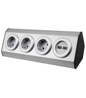 Socket block "Premium" construction, stainless steel, 3-way protective contact + USB