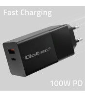 Qoltec GaN POWER PRO charger | 1xUSB type C | 1xUSB A | 100W | 5-20V | 1.5-5A | PD