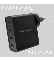 Зарядно устройство Qoltec GaN POWER PRO | 2xUSB-C | 2xUSB | 130W | 5-20V | 1.5-5A | PD | черен
