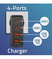 Qoltec GaN POWER PRO charger, 2xUSB-C, 2xUSB, 130W,5-20V | 1.5-5A