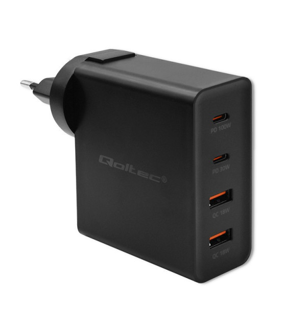 Qoltec GaN POWER PRO charger, 2xUSB-C, 2xUSB, 130W,5-20V | 1.5-5A