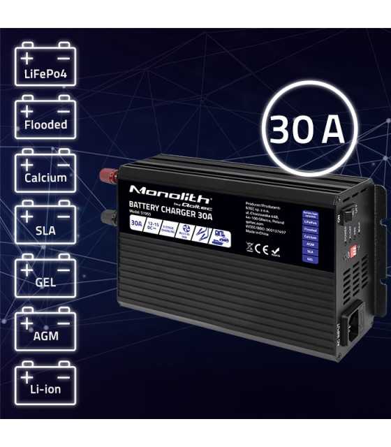 Smart Monolith charger for LiFePO4 AGM GEL SLA batteries | 30A | 12V