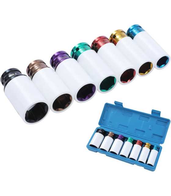 1/2 Inch Drive Alloy Wheel Impact Deep Socket Set 17-27mm 7PCs Multicolour