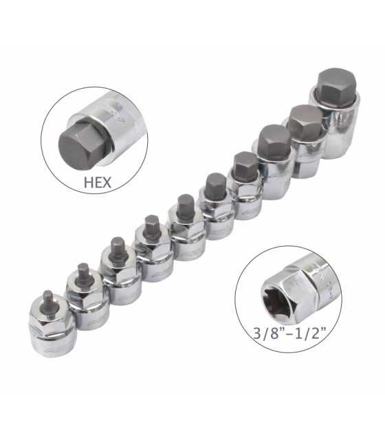 A-Z10HEXL 10PCS 3/8" + 1/2" DR. LOW PROFILE SAE HEX BIT