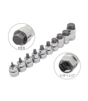 A-M10HEXL 10PCS 3/8" + 1/2" DR. LOW PROFILE METRIC HEX BIT