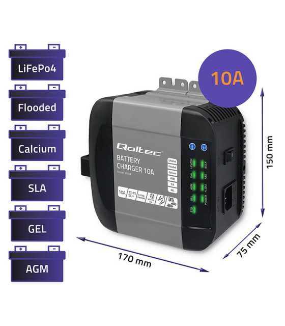 Qoltec Smart Monolith зарядно за LiFePO4 AGM GEL SLA батерии | 10A | 12V